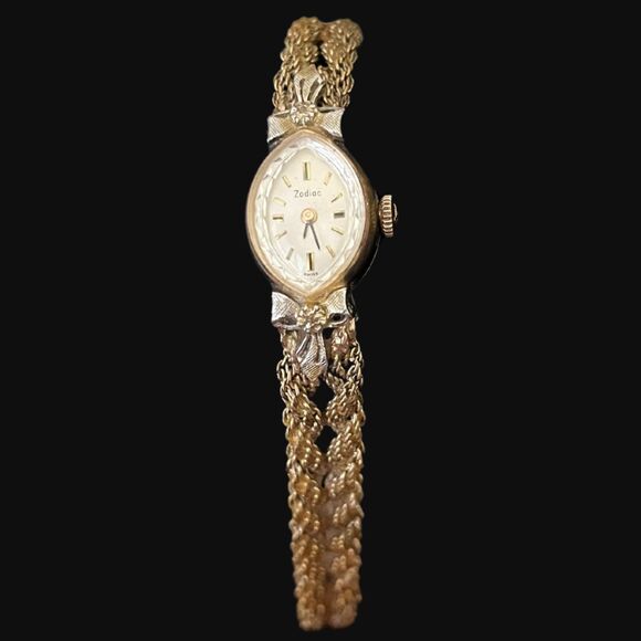 Vintage Elegant Zodiac Swiss Analog Gold Watch10K RGP BezelBraided Band